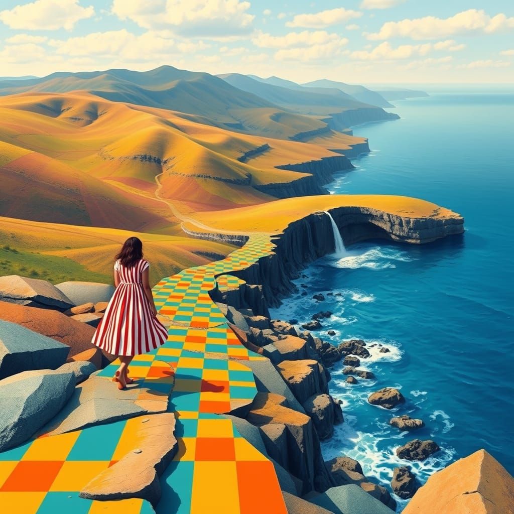 Vibrant Figure Walks Along Gingham Coastline in Optical Illu...