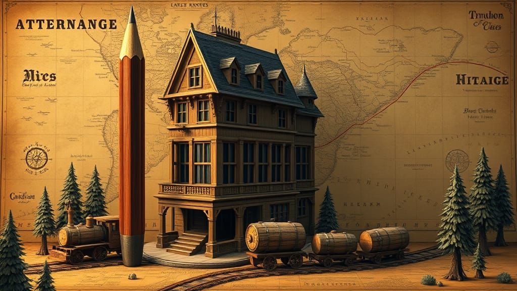 Victorian Mansion Pencil on Antique Map