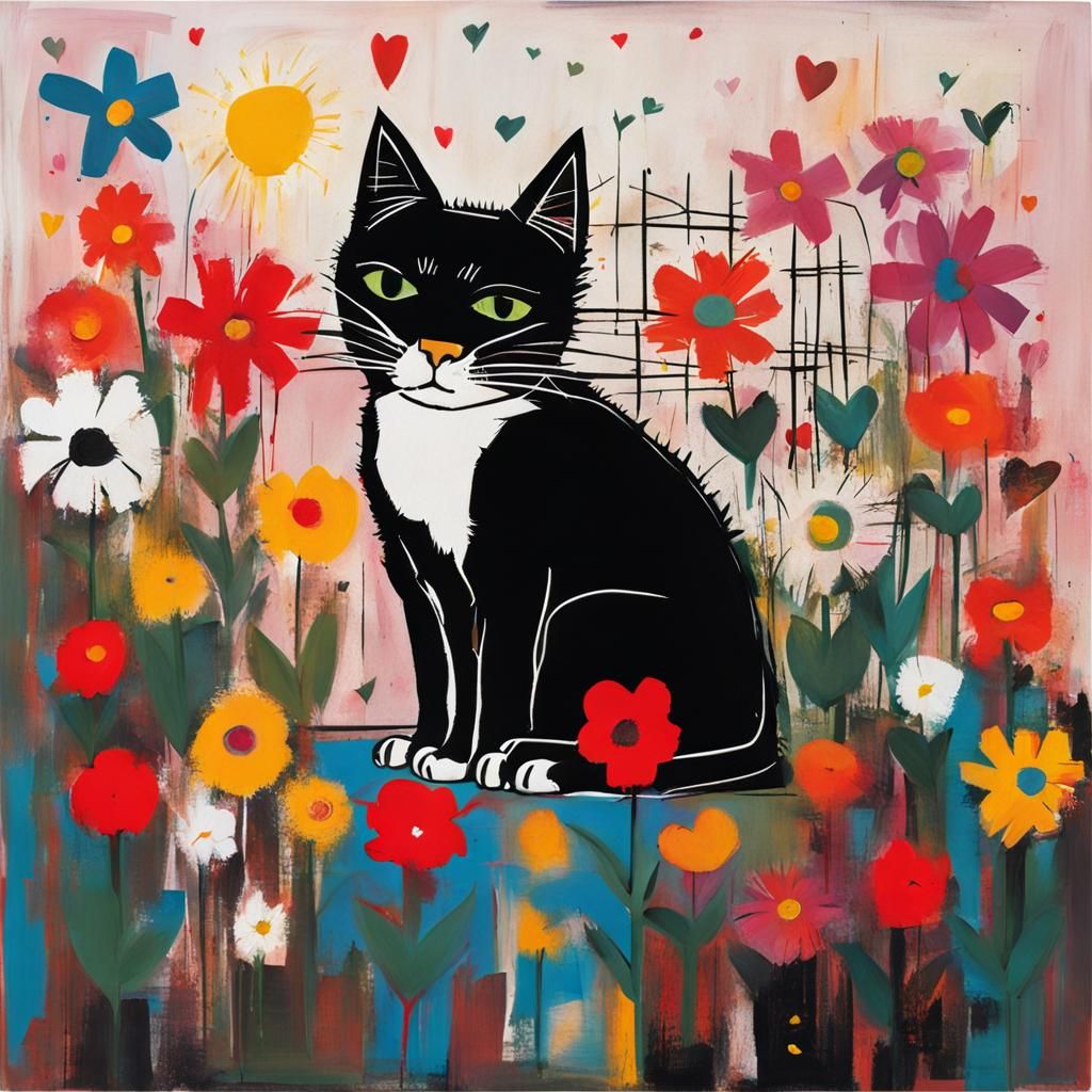 Cute Cat Surrounded by Flowers in Street Art Style