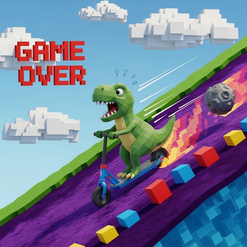 Flustered T-Rex Scooter Chase in 8-Bit Style
