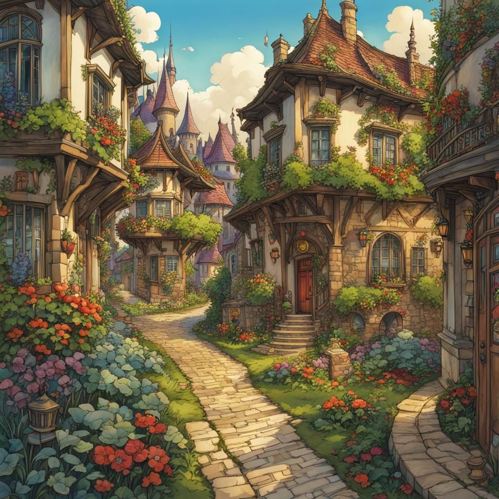 Fairytale City Street Garden in Anime Style