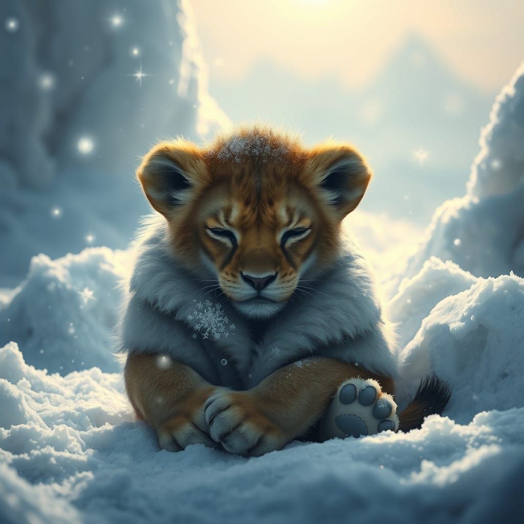 Winter's Innocence: A Lion Cub's Dreamlike Sorrow