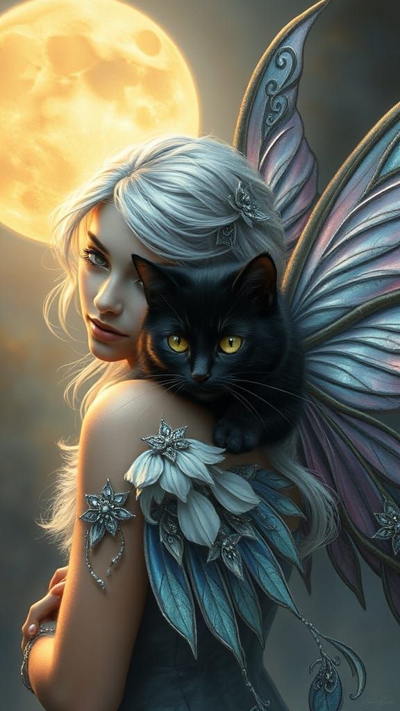 Silver Fairy with Black Cat: Fantasy Portrait
