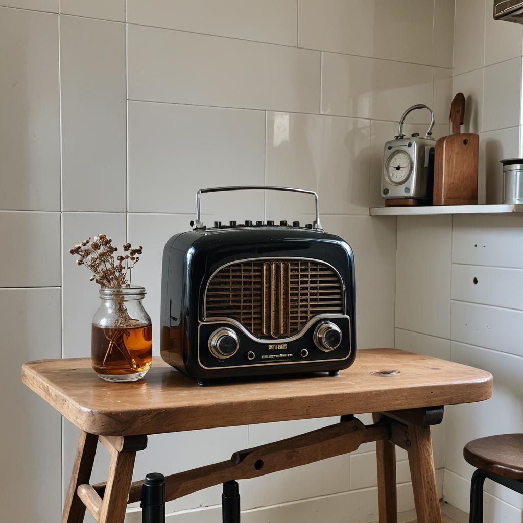 Vintage Bakelite radio in a 1940's styled  kitchen