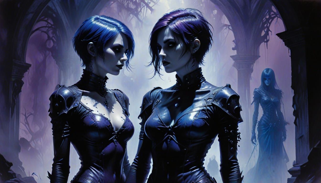 Dark Gothic Women Confronting a Ghostly Apparition in a Haun...