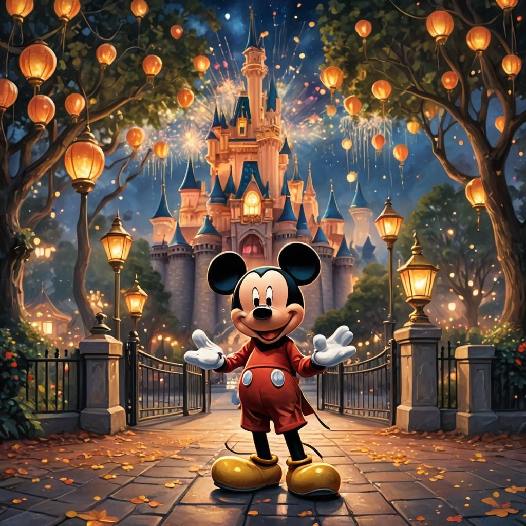 Mickey Mouse at Magical Disneyland: Fantasy Oil Painting
