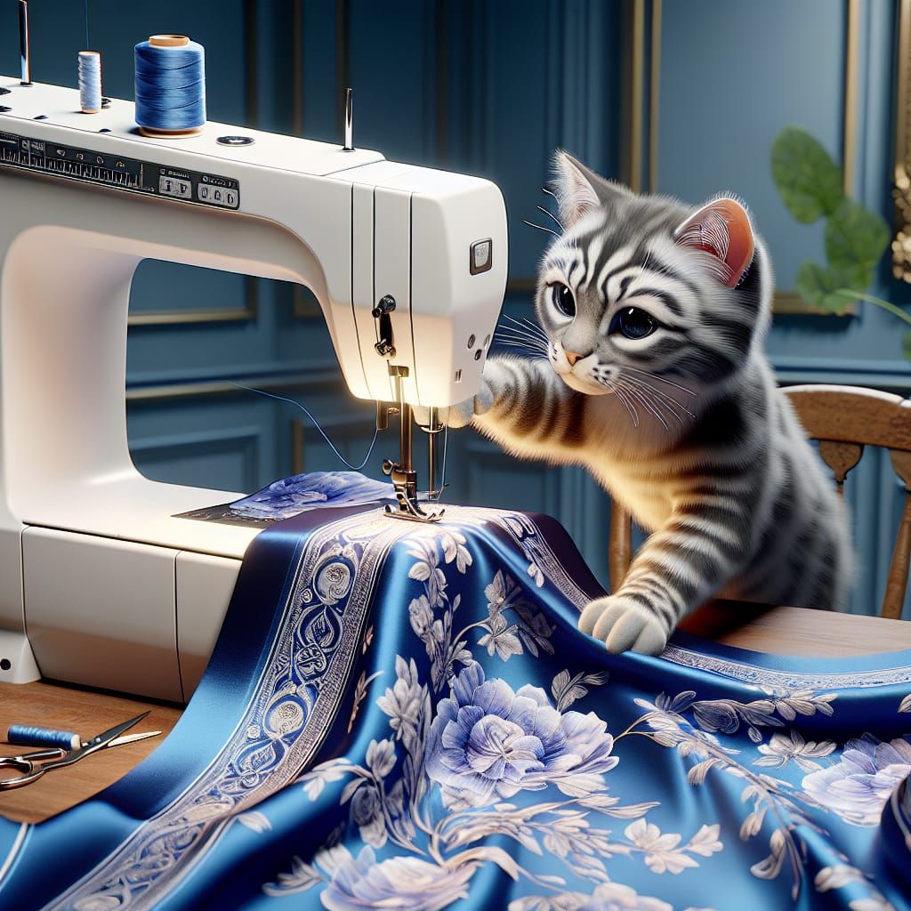 Cat Sewing Floral Fabric: CGI Realism in 8k