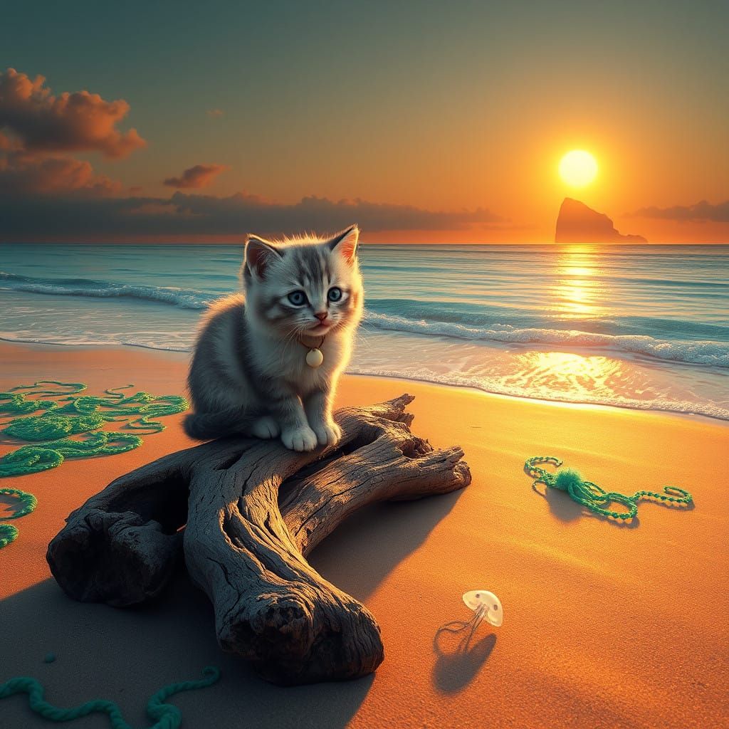 Surreal Kitten at Sunset on a Dreamlike Beach