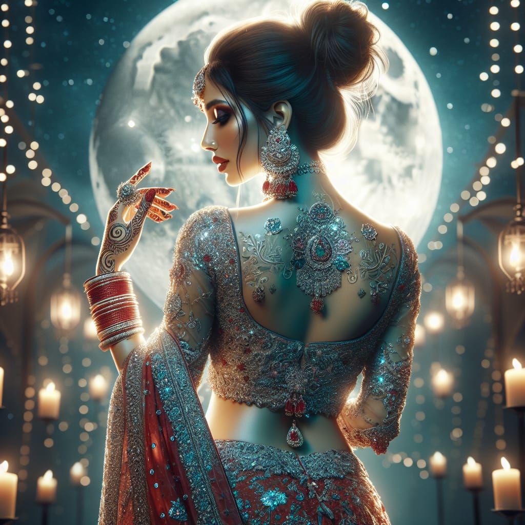 Woman in Designer Saree Under Moonlight for Karva Chauth