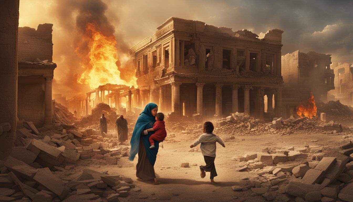 Egyptians Fleeing Burning City in Dramatic Antique Scene