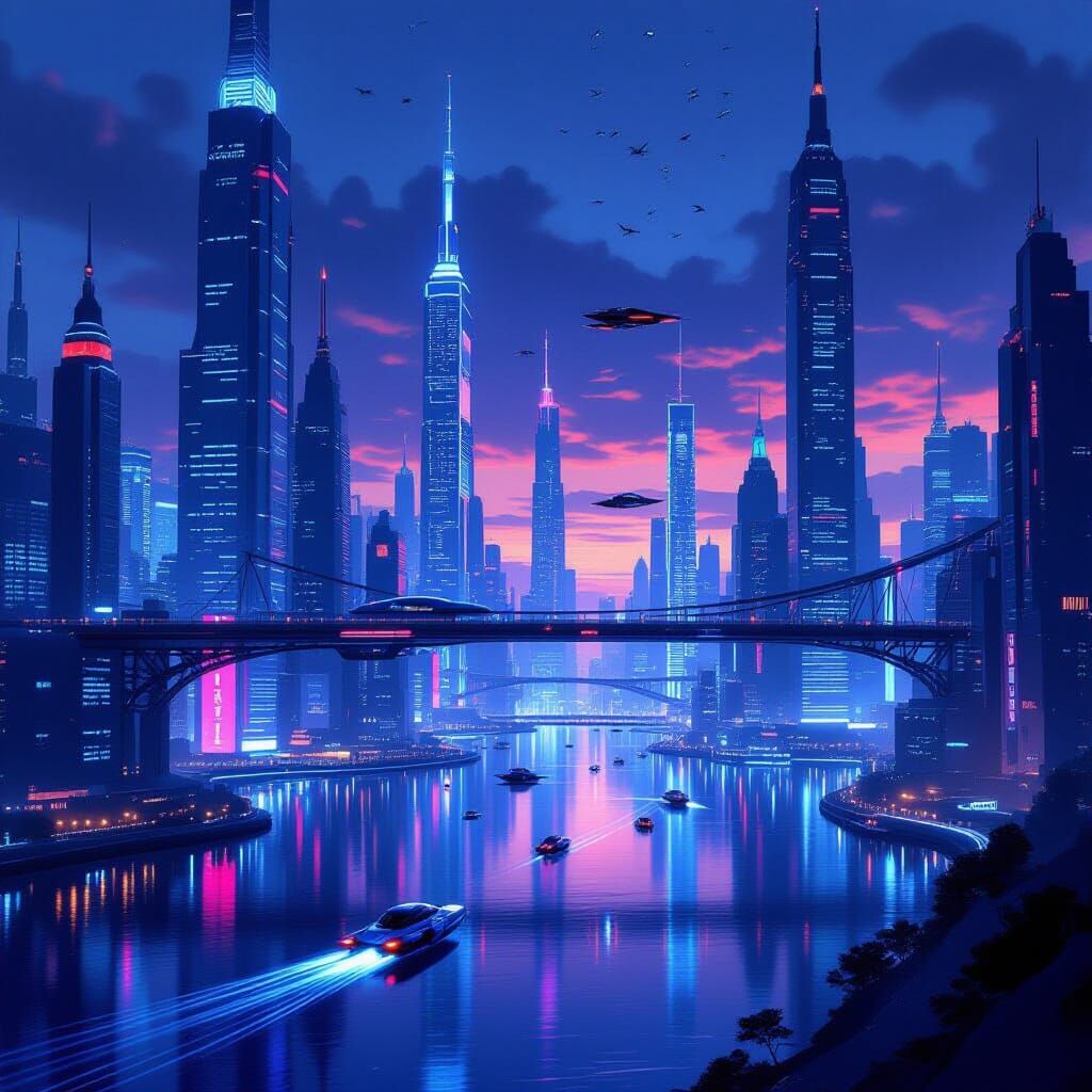 Futuristic Cityscape at Dusk with Flying Vehicles
