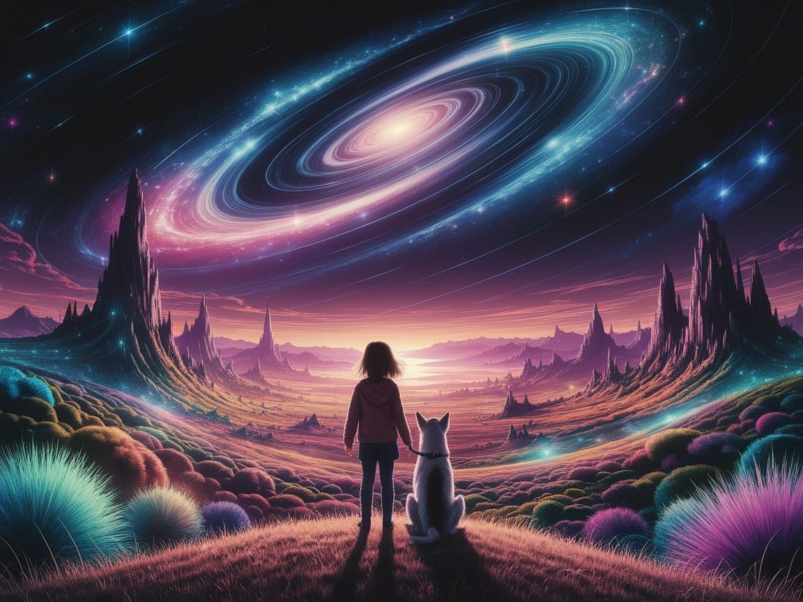 Otherworldly Vista: Girl and Dog in Digital Art