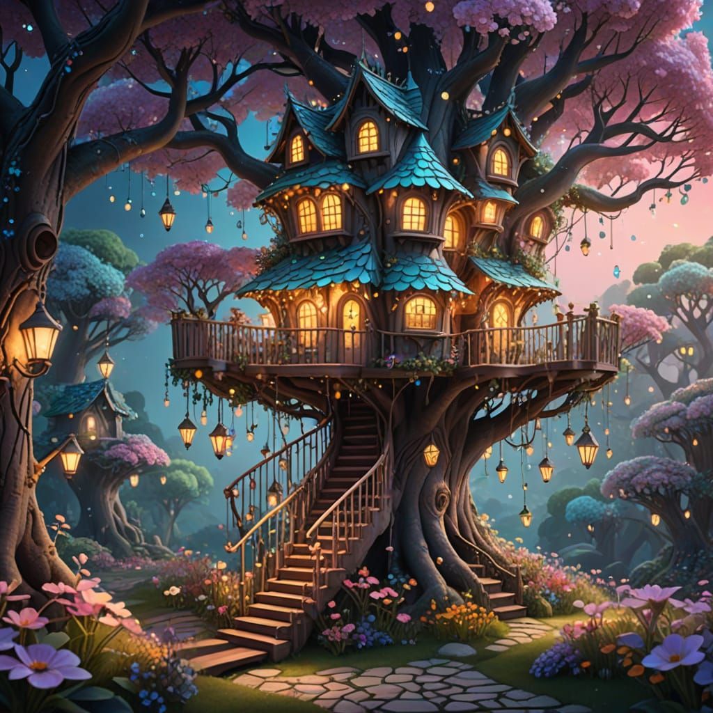 Whimsical Crystal Treehouse in a Dreamy Fairy Land