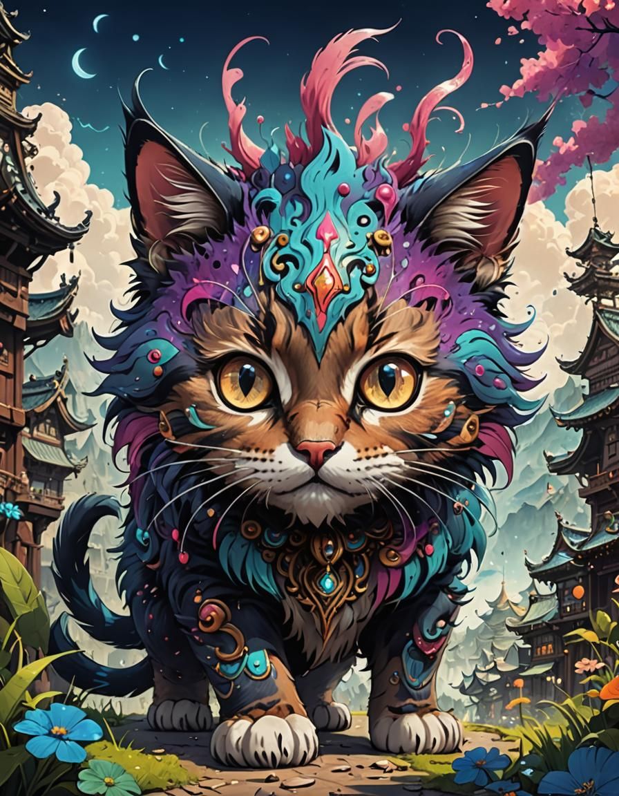 Adorable Giant Cat Illustration in Anime Style