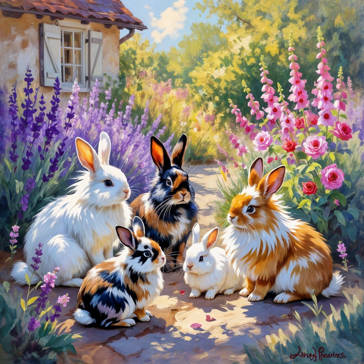 Impressionist Rabbits in Victorian Garden