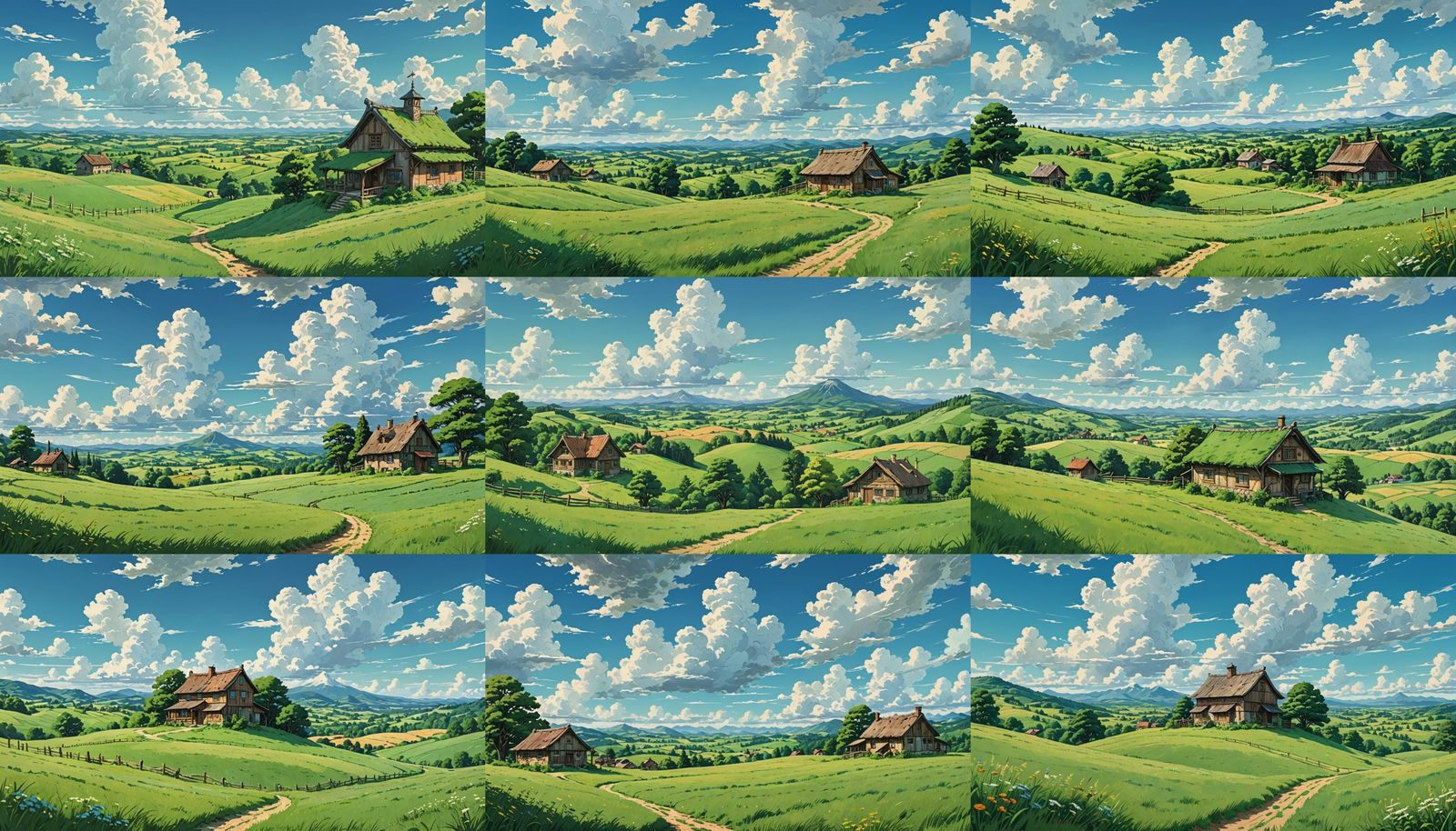 Ghibli-Inspired Landscape with Green Fields and Clouds