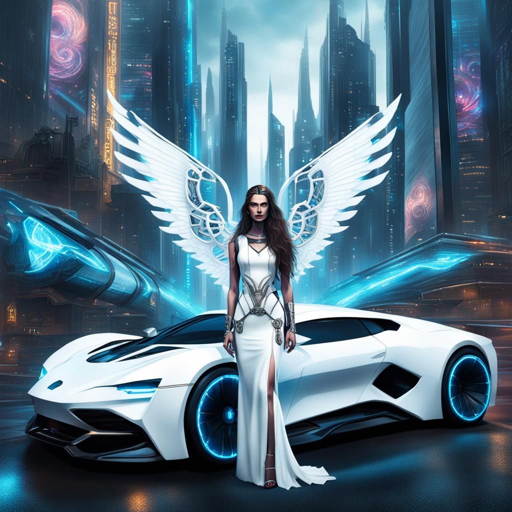 Cyberpunk Celtic Goddess in Futuristic Cityscape