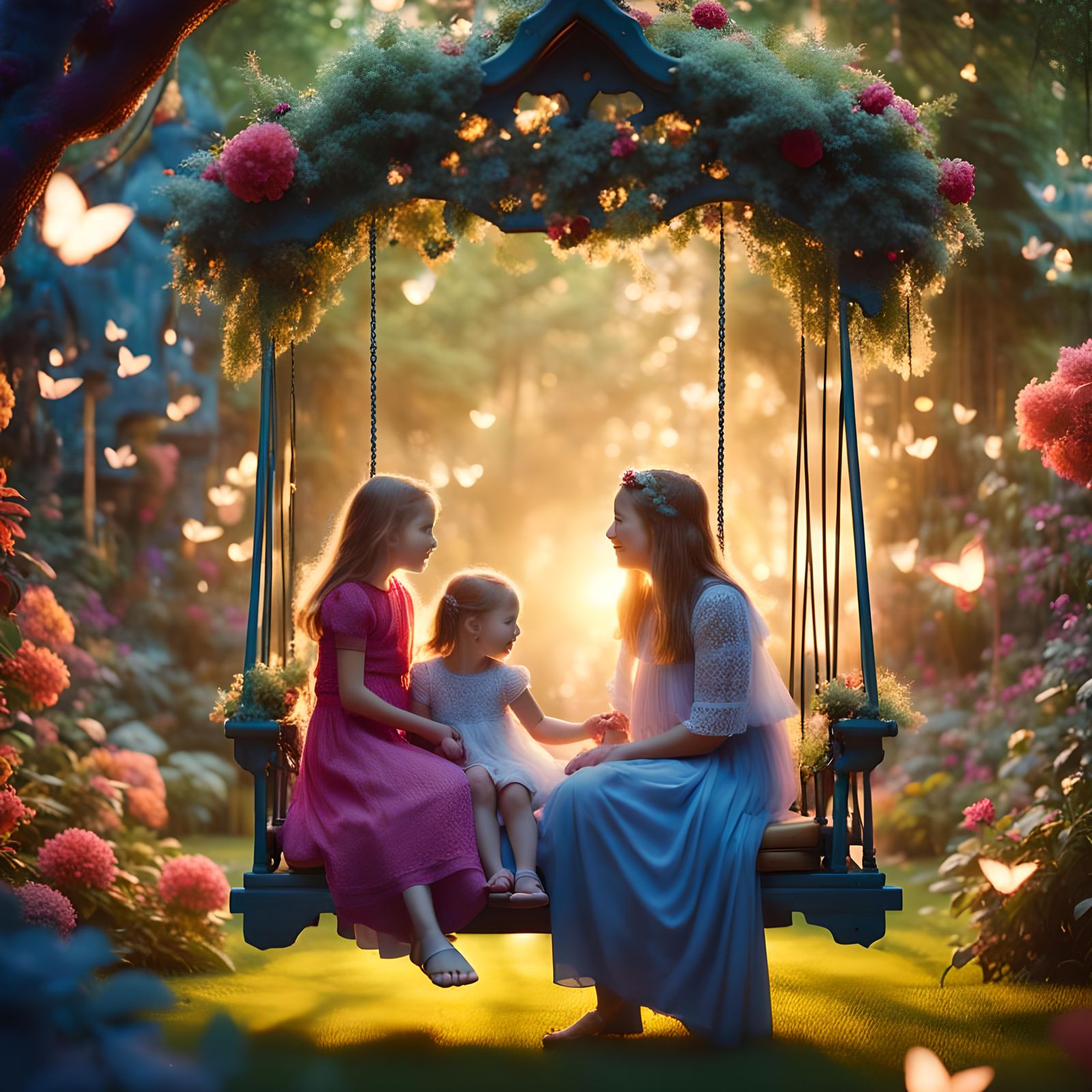 Mother and Daughter in Magical Maximalist Garden