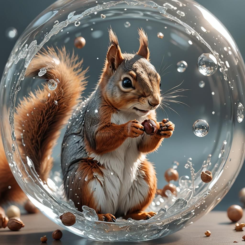 Squirrel in Glass Sphere: Hyper-Realistic 3D Anime Art