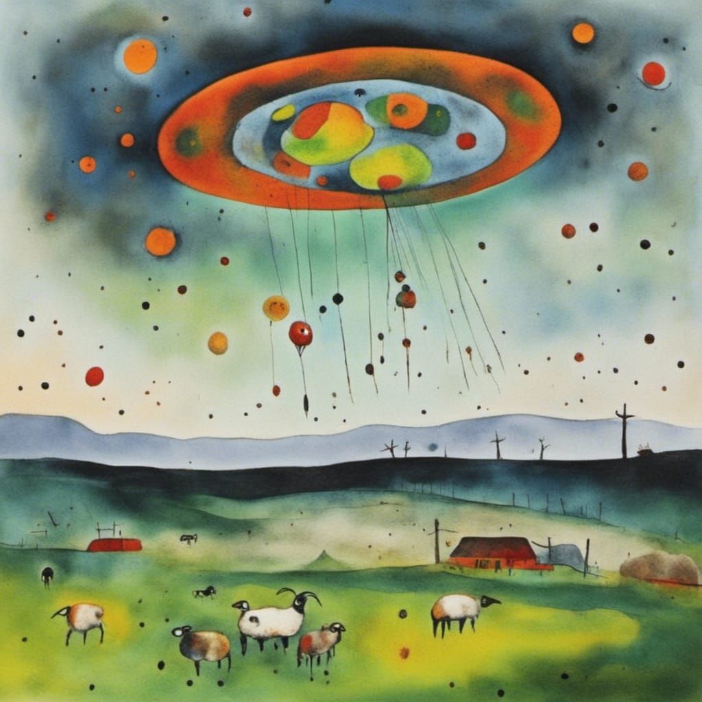 UFO Over Sheep Farm in Surreal Style