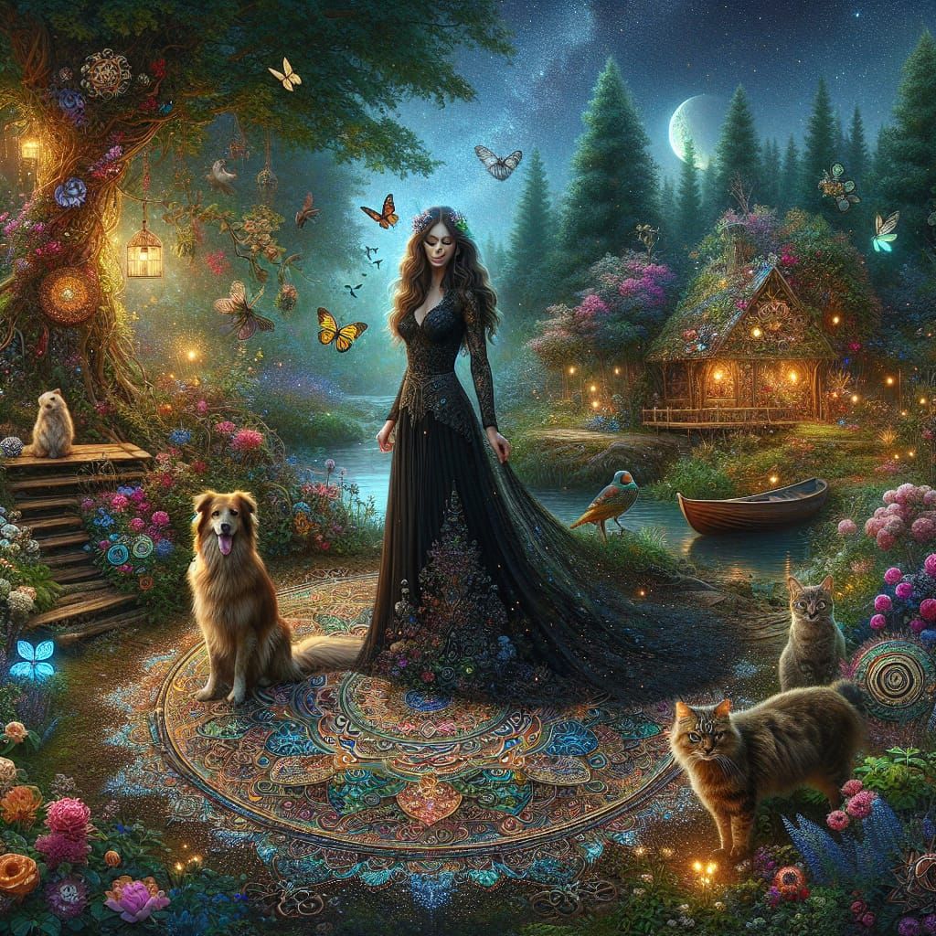 Magical Forest: Woman, Mandala, and Animals in Harmony