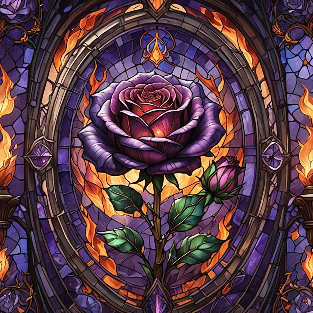 Fiery Stained Glass Purple Rose Art