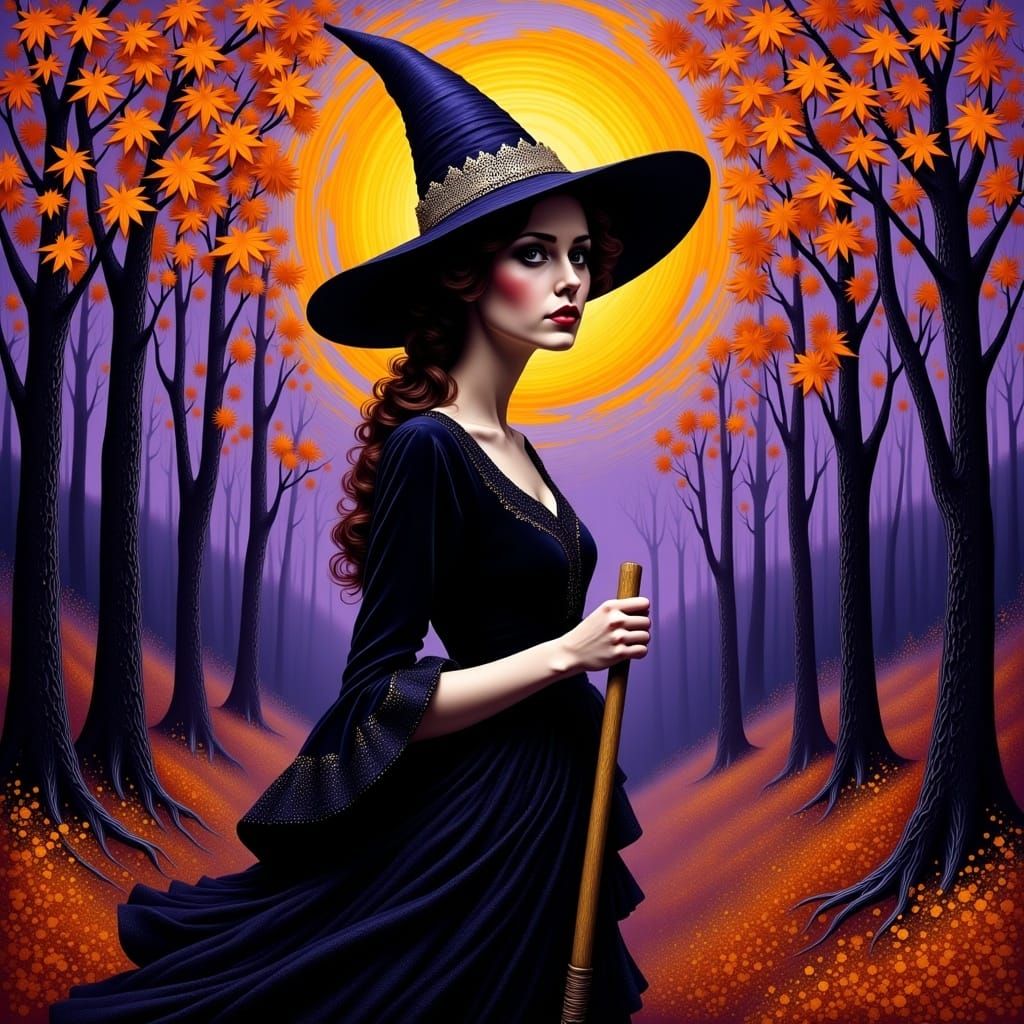 Halloween Witch in Forest, Post-Impressionist Style