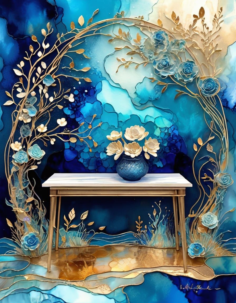 Surreal Alcohol Ink Painting of Cozy Blue Reading Nook