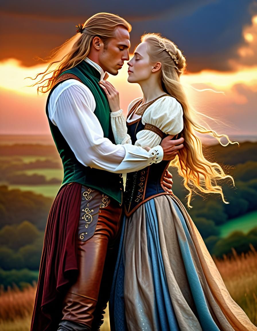 Renaissance Kiss at Sunrise: Ethereal Elf and Man
