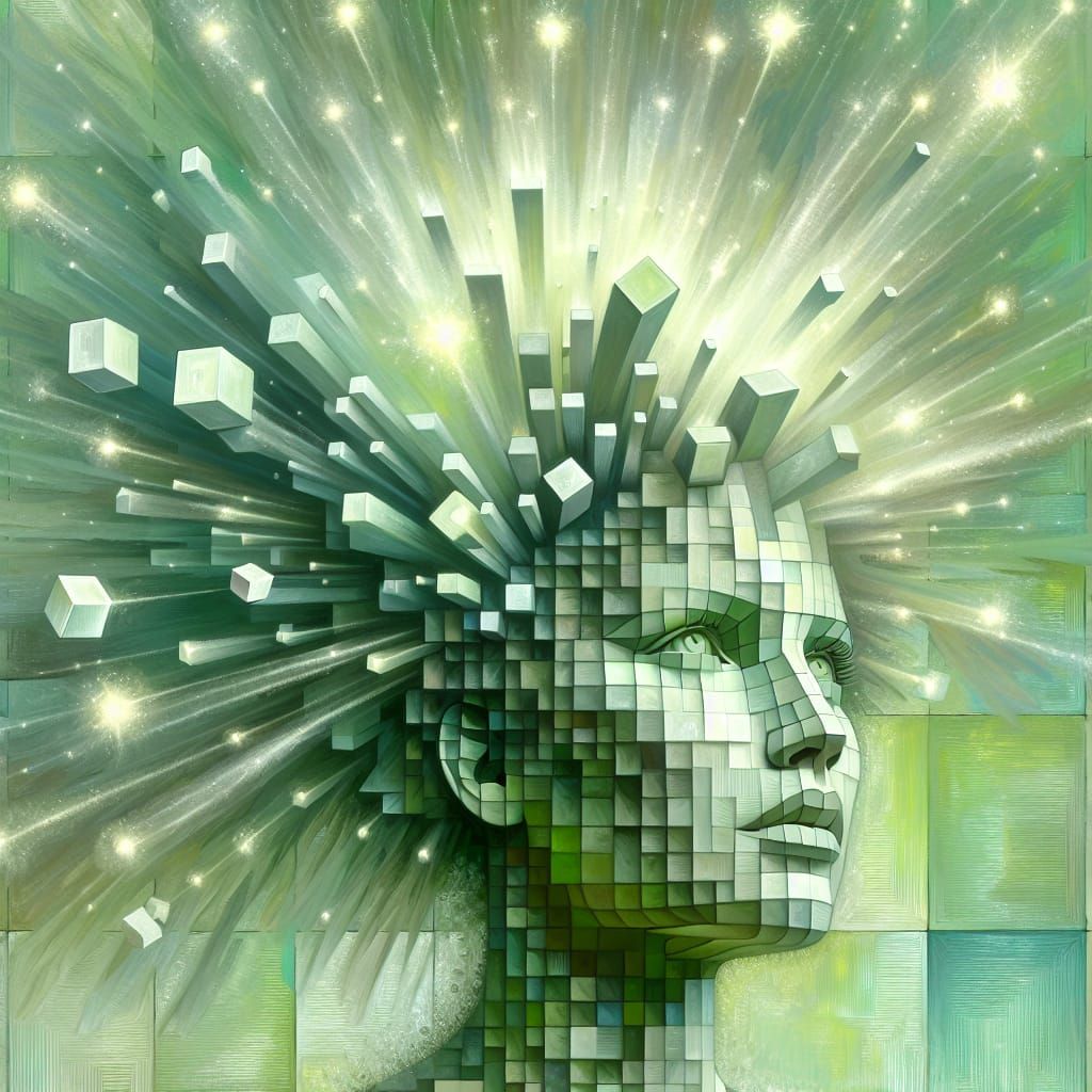 Surreal Green Portrait with Exploding Cubes