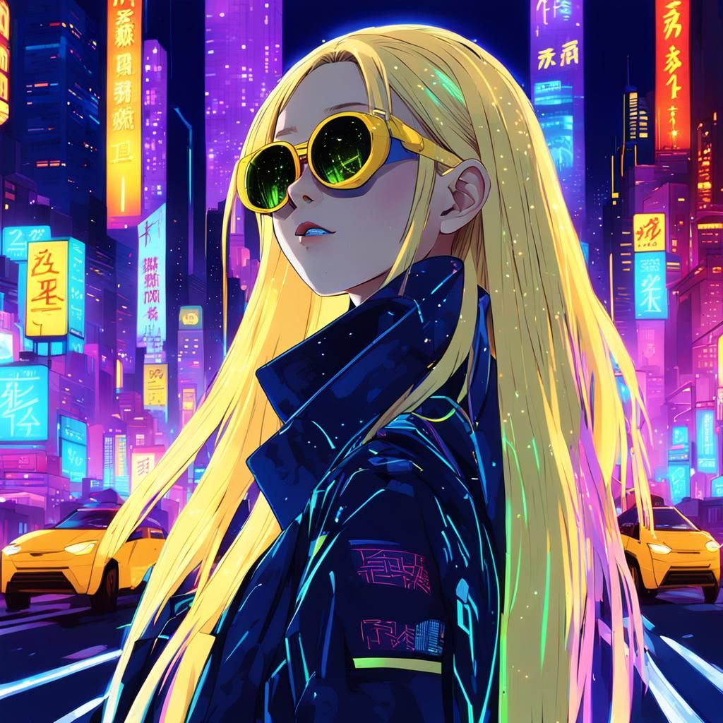Japanese Girl in Cyberpunk Cityscape Illustration