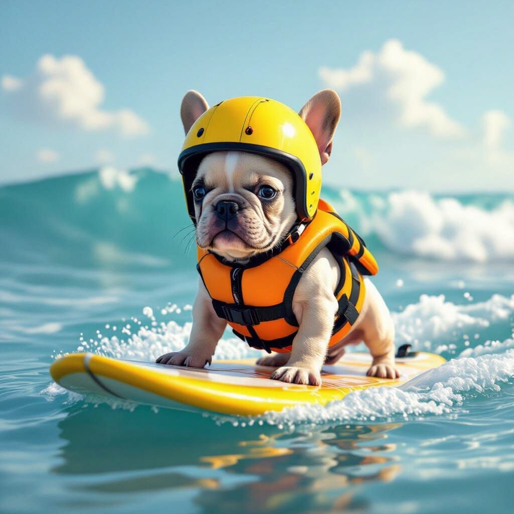 French Bulldog Puppy Surfer in Yellow Helmet