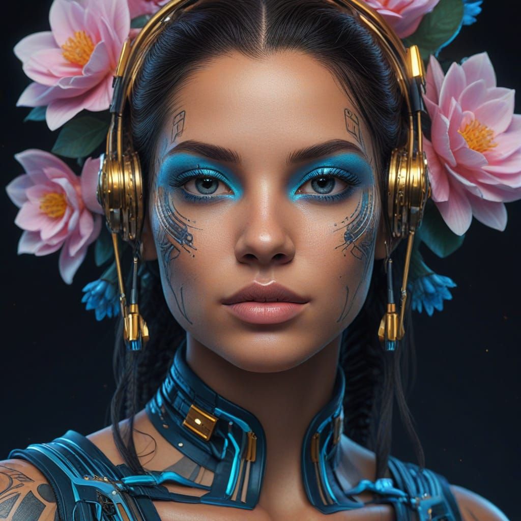 Cybernetic Woman Portrait with Floral Accents