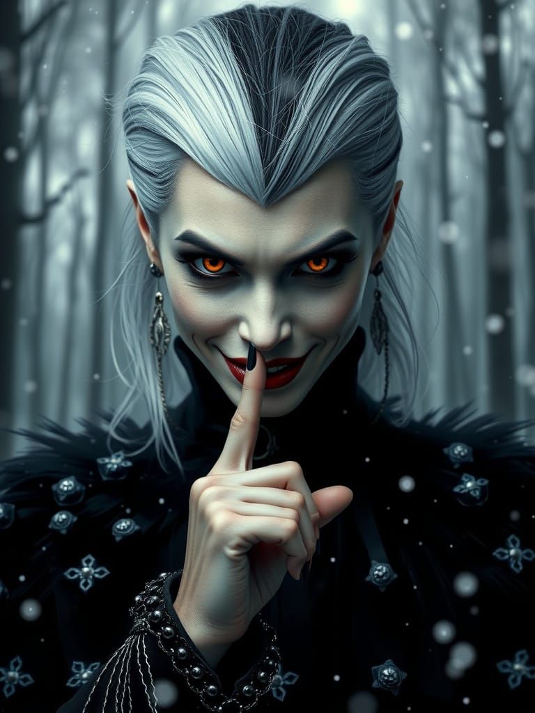 Cruella's Intense Gaze in Hyperrealistic Winter Forest