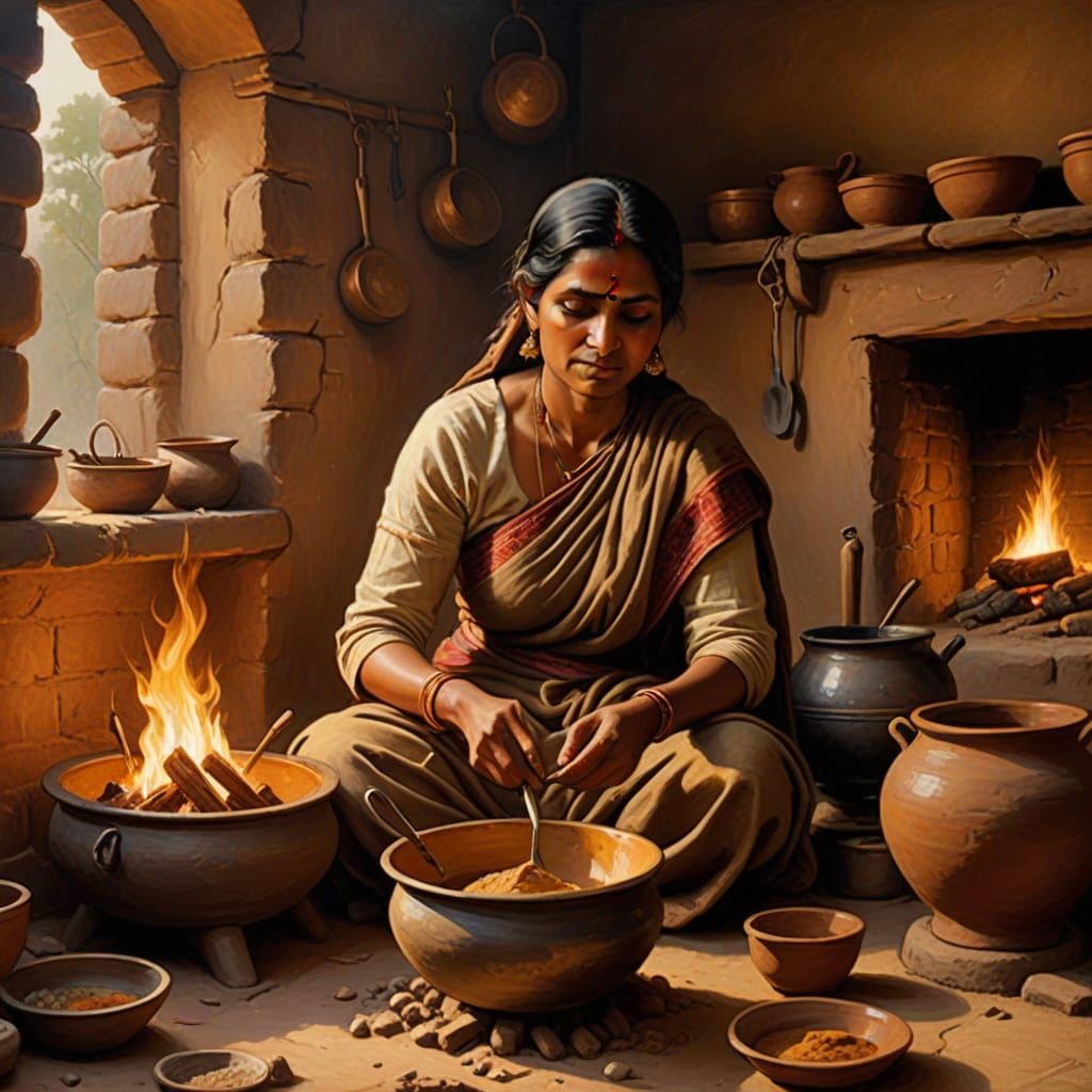Indian Peasant Woman Cooking in Adobe Dwelling, Oil Painting