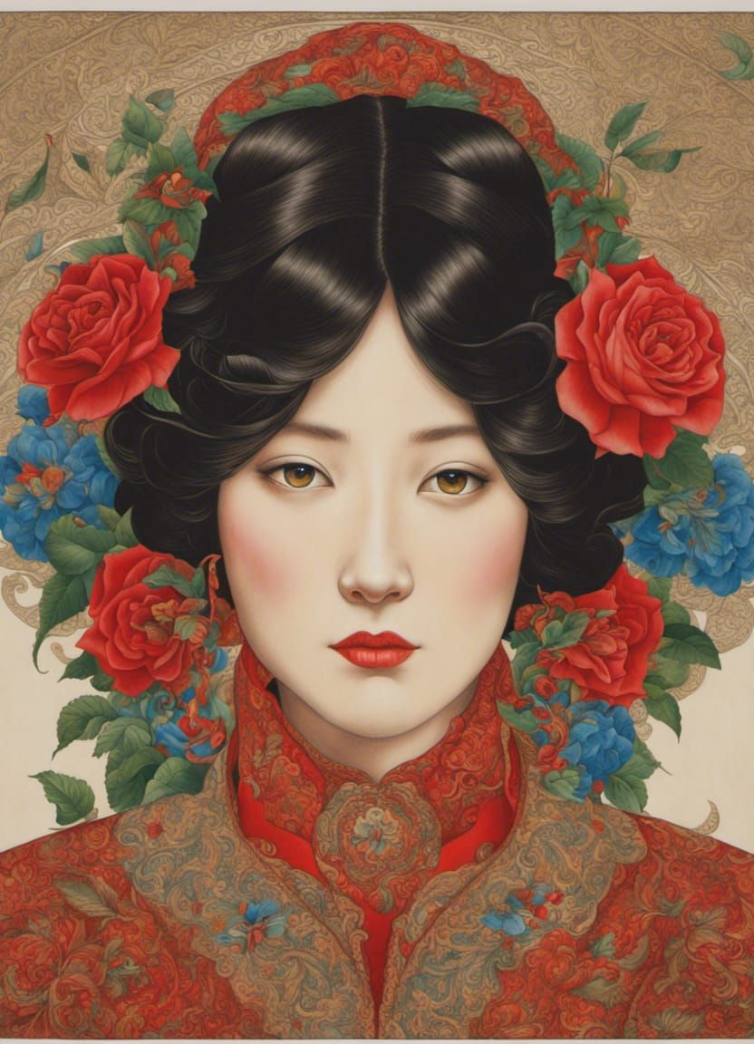 Woman with Rose Portrait in Japanese Art Style