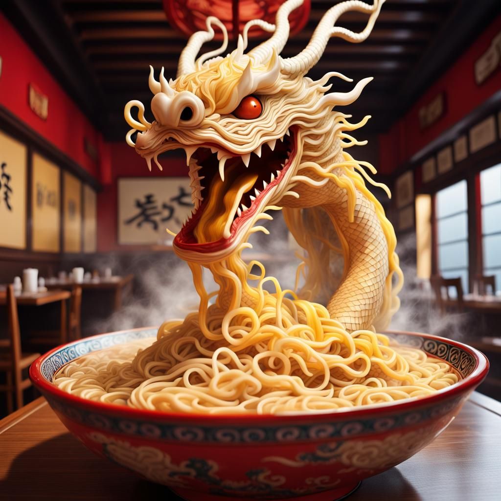 Noodle Dragon Emerges from Ramen Bowl