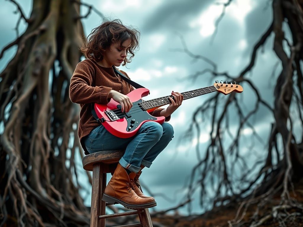 Young Musician with Pink Bass Guitar in Serene Photo