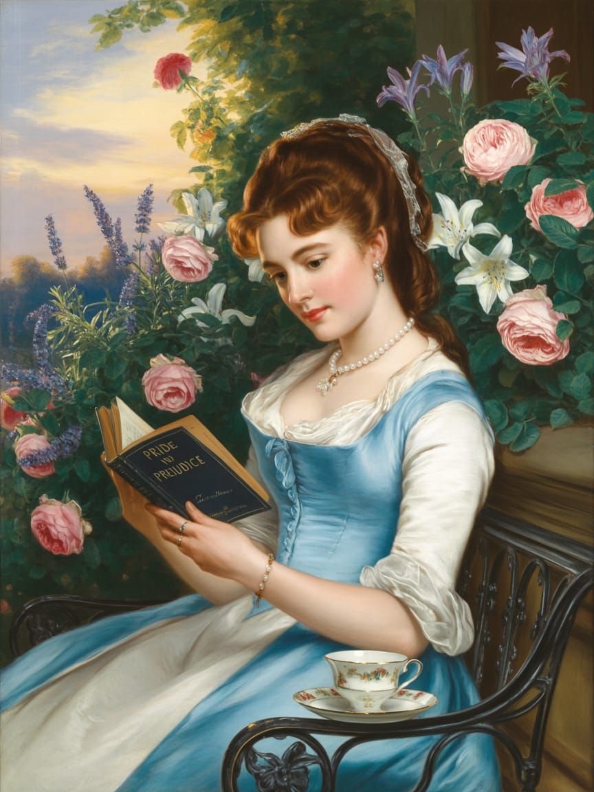 Victorian Woman Reading in Garden, Oil Painting
