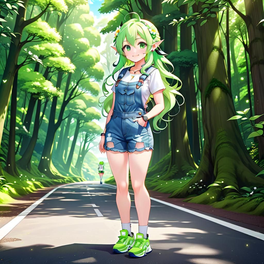 Anime Elf Girl in Floral Overalls: Studio Trigger Style