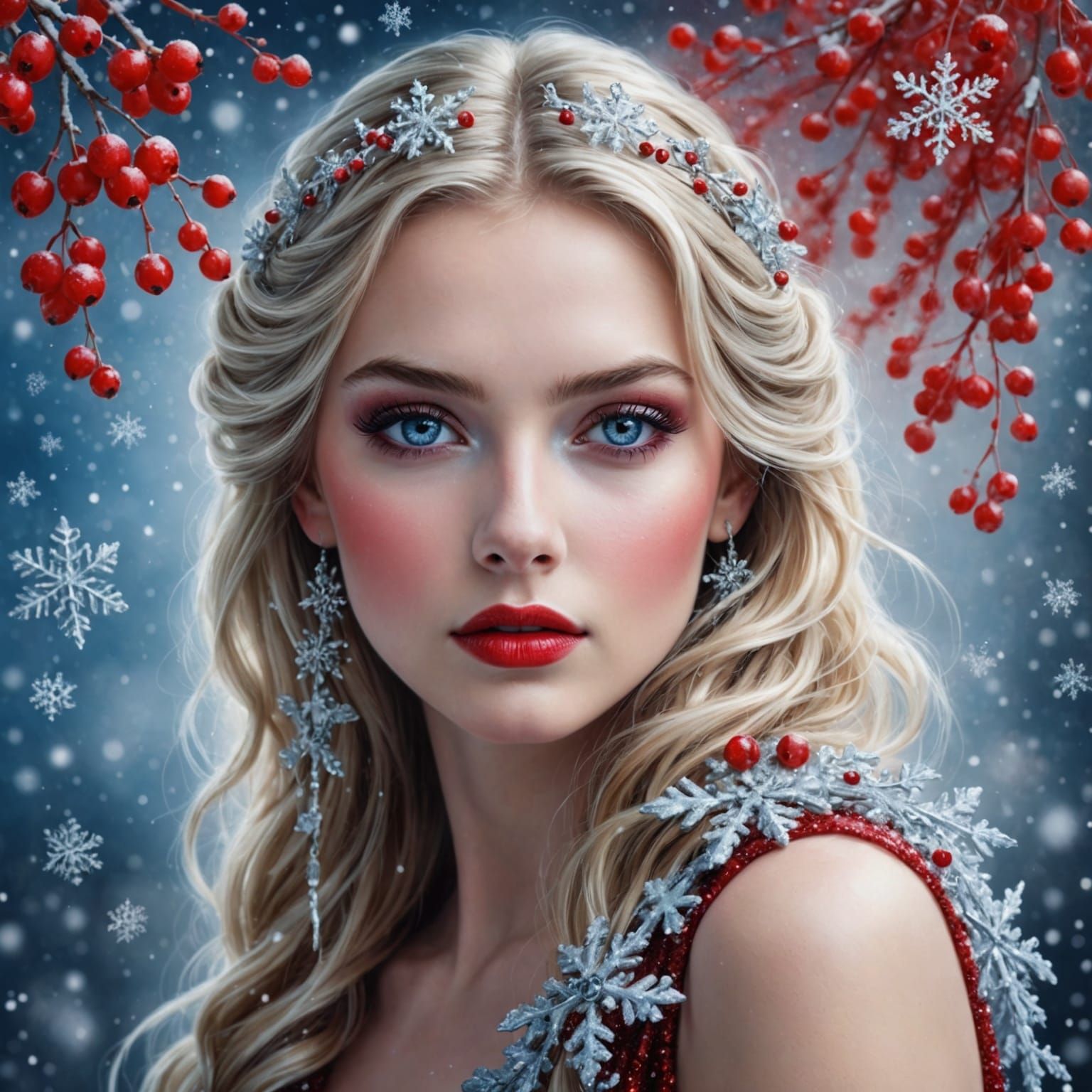 Snowy Airbrush Portrait with Red Glitter