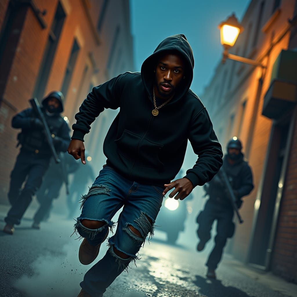 Man Evading Police in Gritty Cityscape