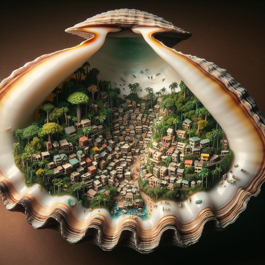 Miniature Jungle City Inside a Clam Shell