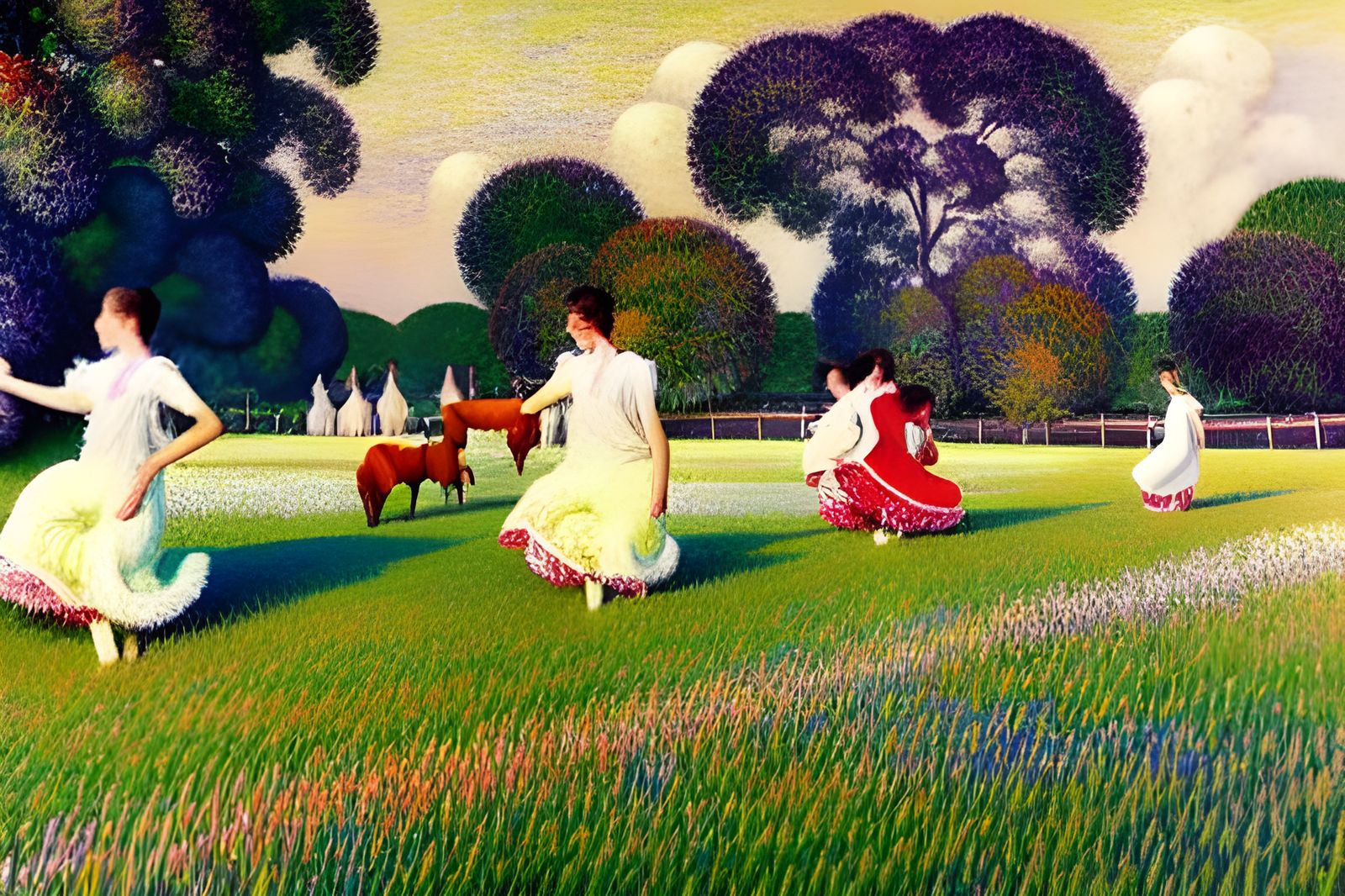 Dancing Young People Excite Animals in Flower Pasture