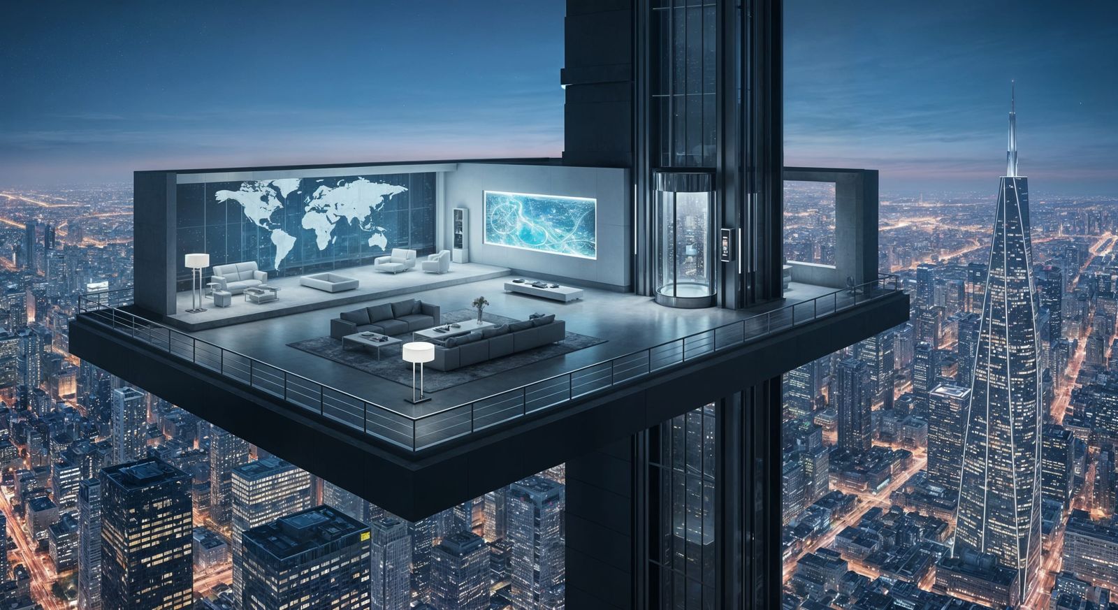 Penthouse Supervillain Lair Above Dreamlike Cityscape