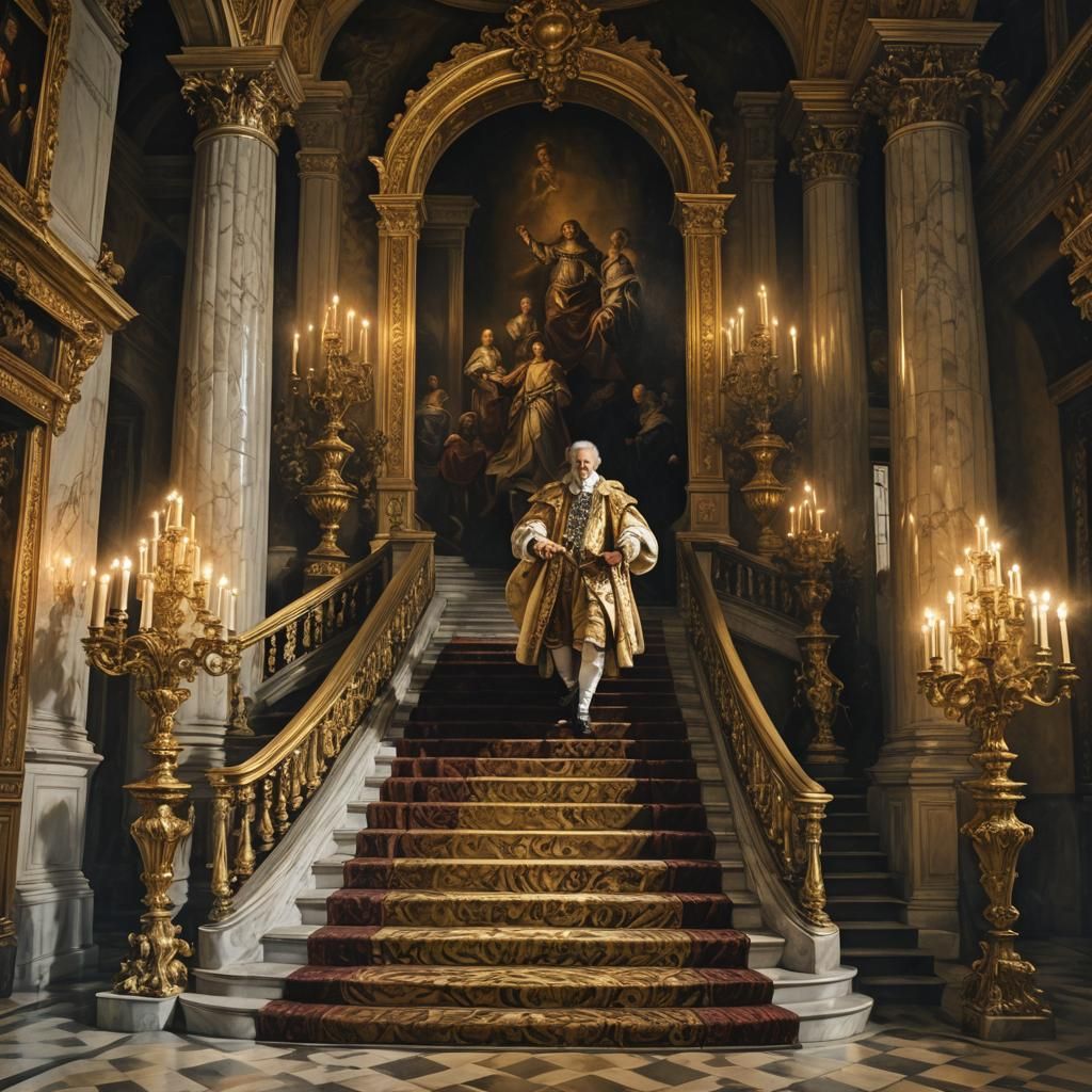 Baroque Royal Descent: Ornate Oil Painting