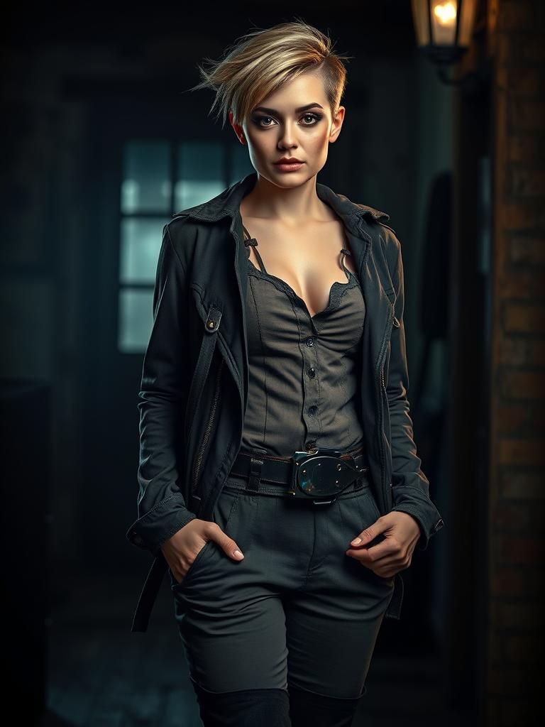 Steampunk Woman in Dimly Lit Halloween Scene