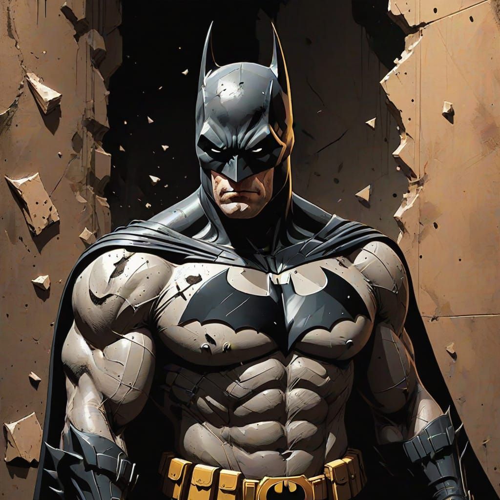 A plaster wall with a highly detailed hyper-realistic relief sculpture of a muscular super hero, Batman, breaking throug...