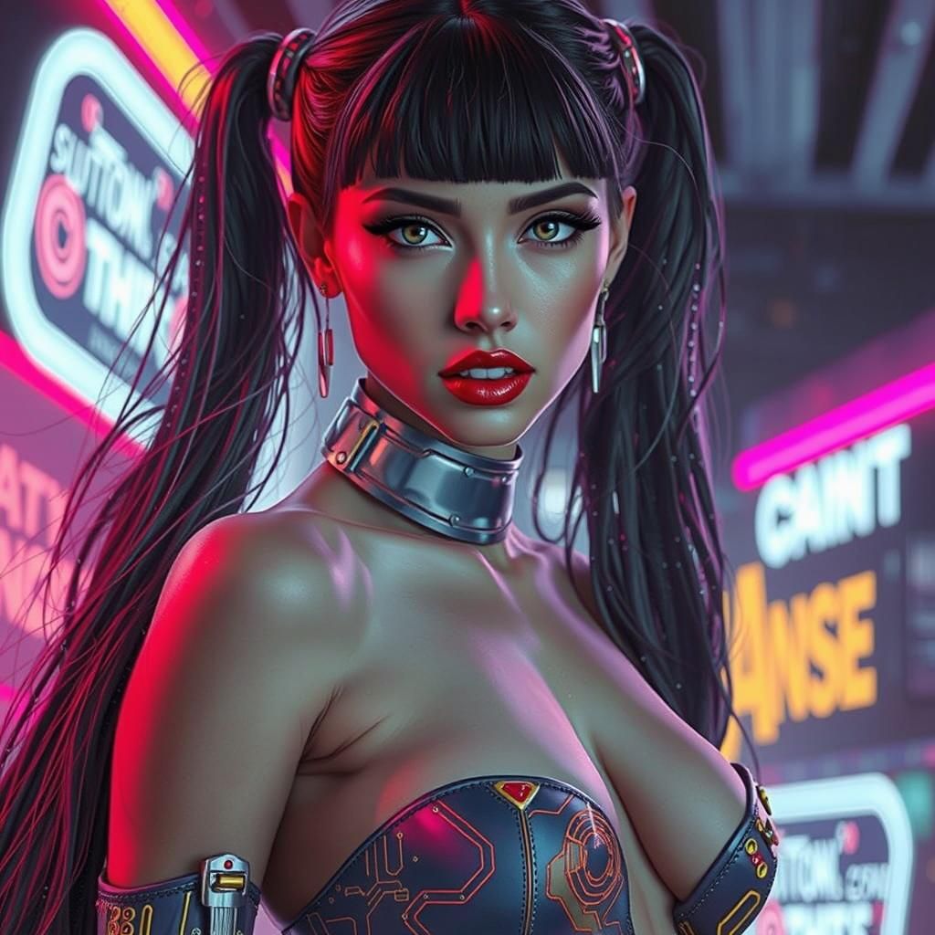 Cyborg Fashion Model in Neon Cityscape