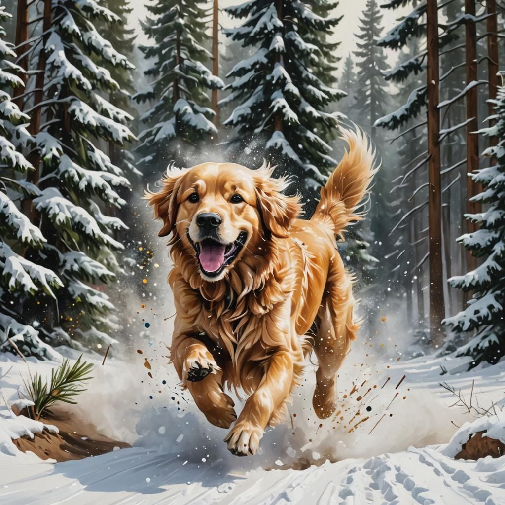 Golden Retriever in Snow, Graffiti Art Style